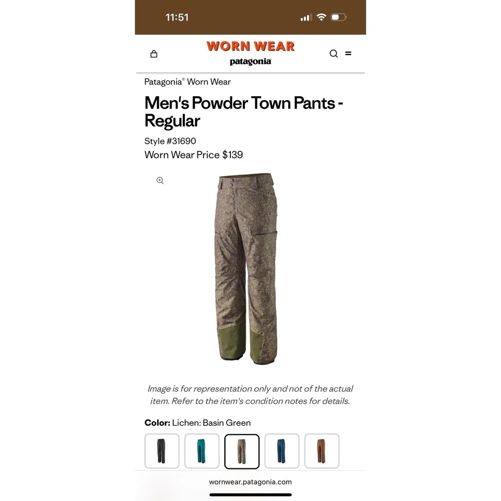Patagonia Powder Town Pants Lichen Basin Green Camo Snow Ski Men's XS NWOT - Picture 6 of 7